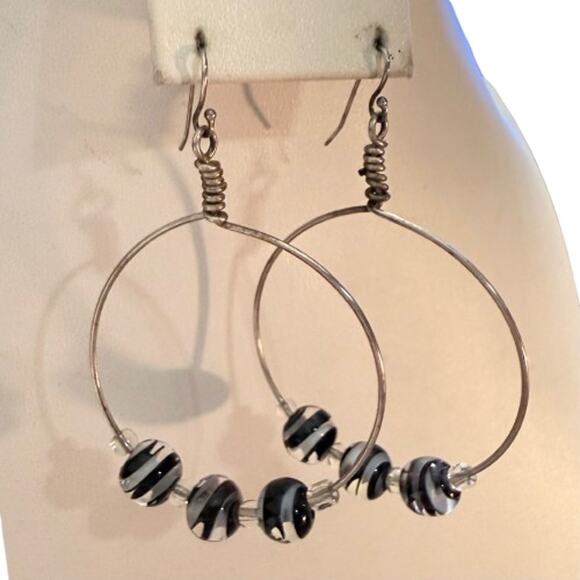 Artisan Handblown Black & White Glass Beaded Hoop Earrings - Picture 6 of 6